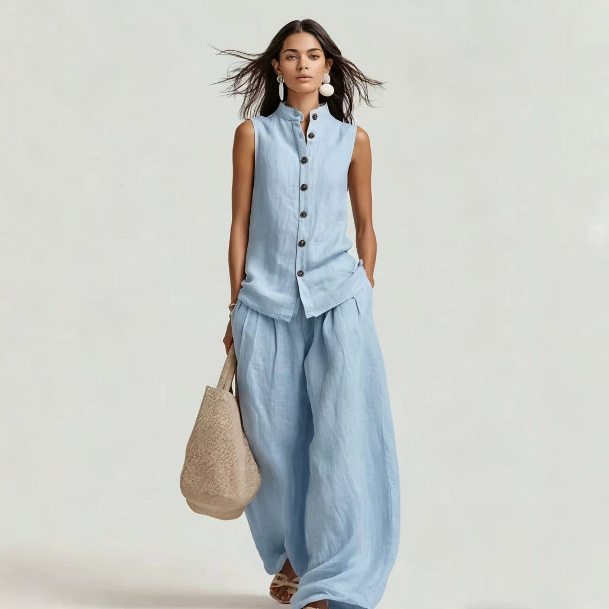 Stand-up Collar Sleeveless Shirt And High-waisted Wide-leg Pants Set
