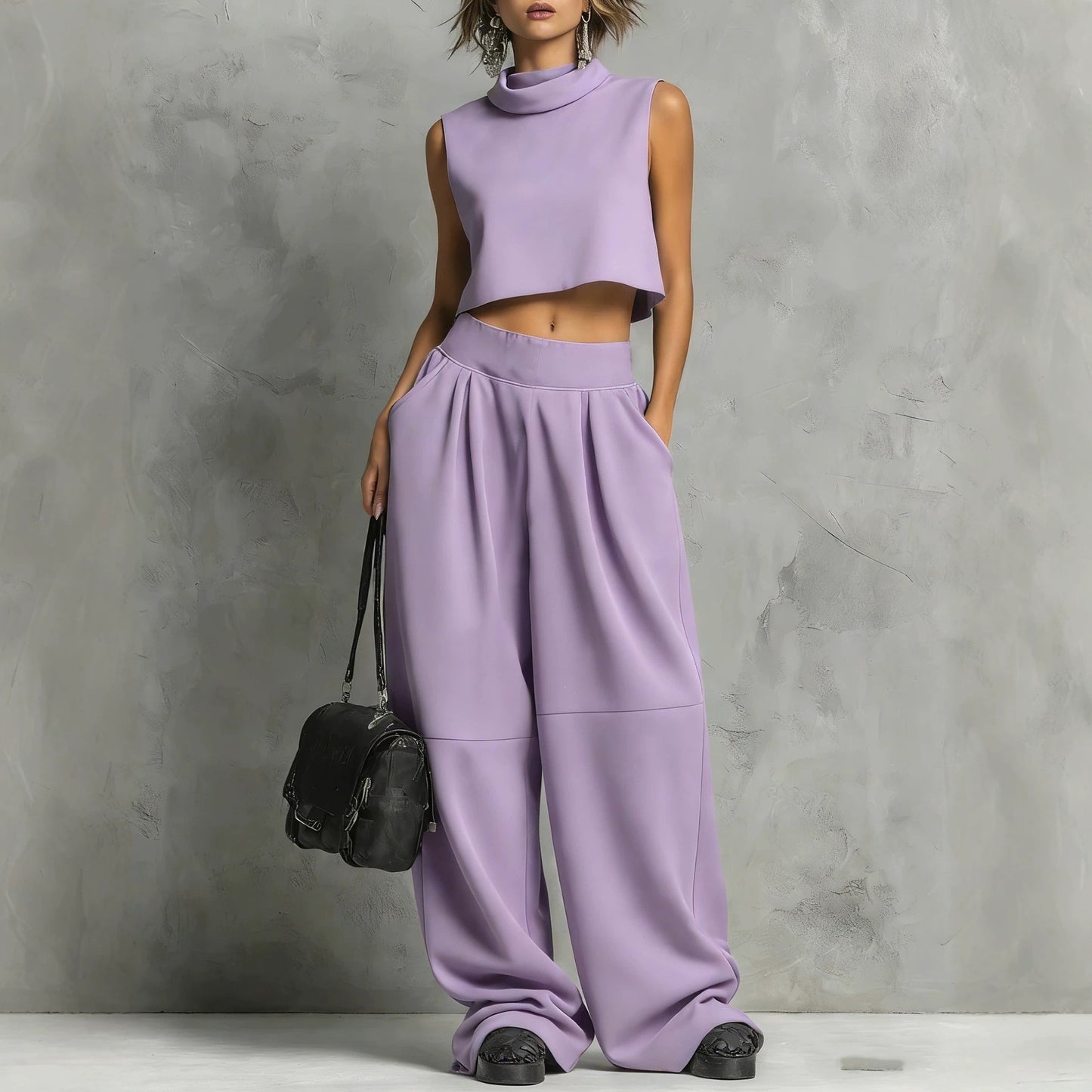 Womens Simple Loose Sleeveless Sweatshirt And Sweatpants Set