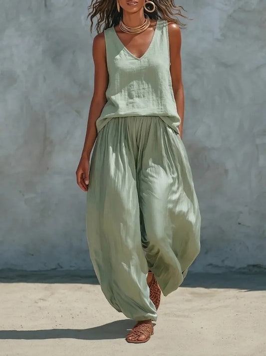2026 European And American Cross-border Foreign Trade New Women's Clothing Amazon Solid Color Vacation Linen Sleeveless Simple Set
