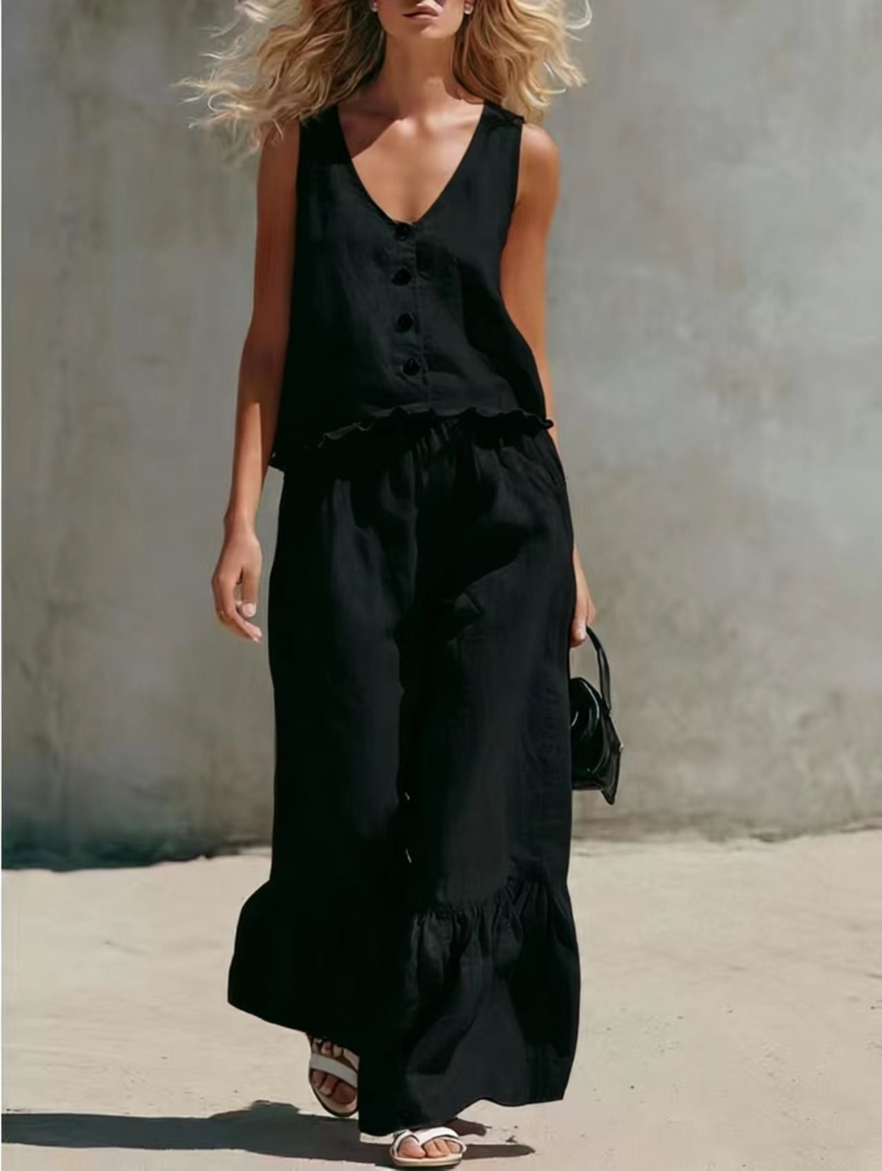 Womens Fashion Casual Solid Color V-Neck Vest And Pants Two-Piece Set