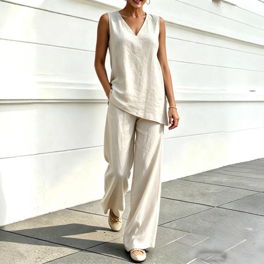 Womens V-neck Sleeveless Cotton-Linen Top And Wide-Leg Pants Set