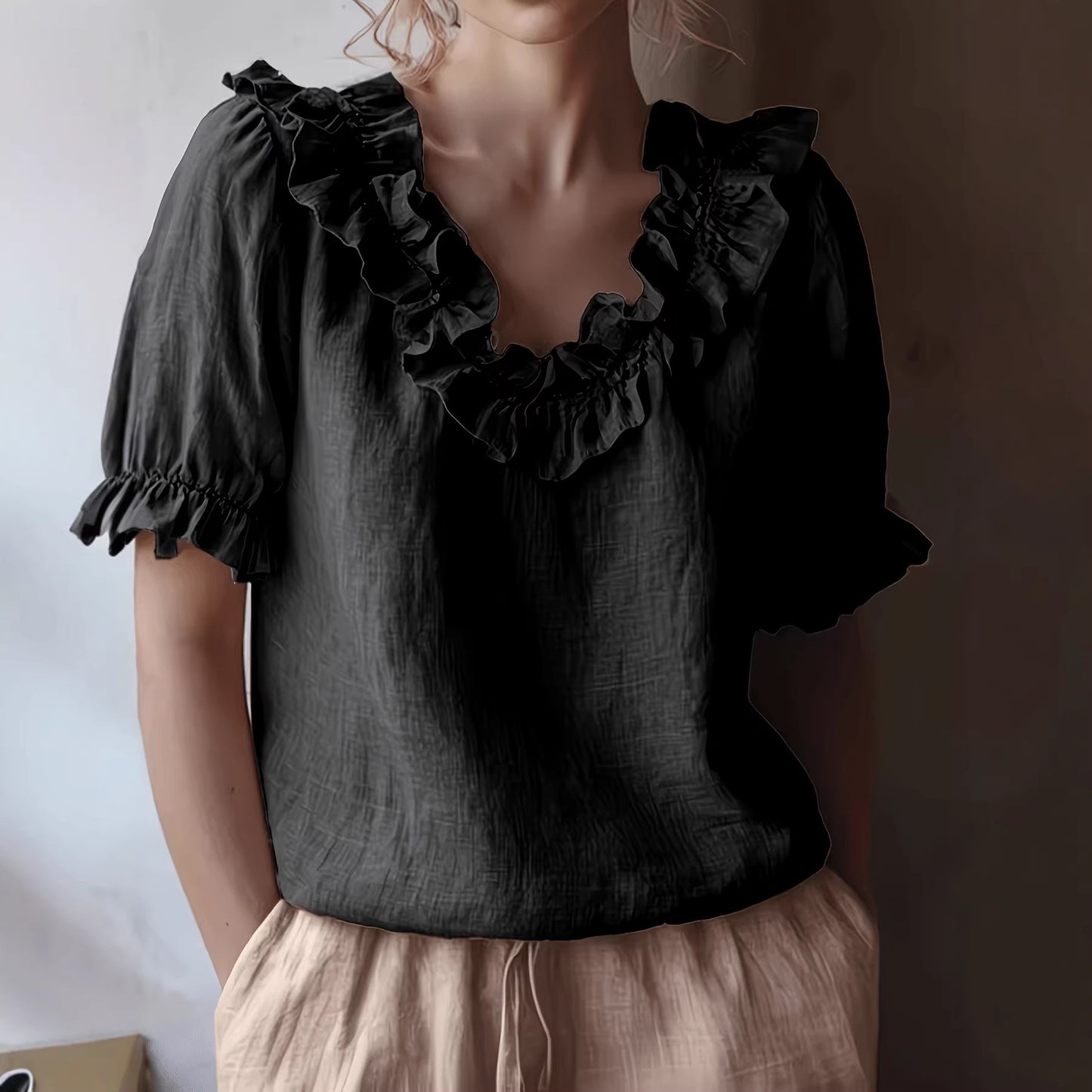 Women's Solid-Color Fashionable Casual Ruffle-Trimmed Crew-Neck Shirt