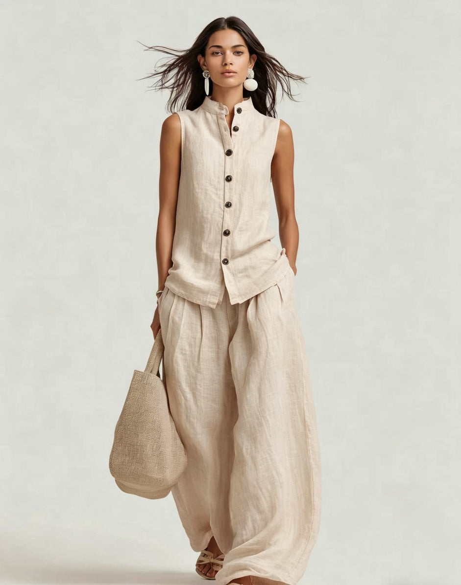 Stand-up Collar Sleeveless Shirt And High-waisted Wide-leg Pants Set