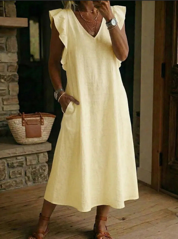Womens Loose Cotton-Linen Suspender Dress With Ruffled Sleeves