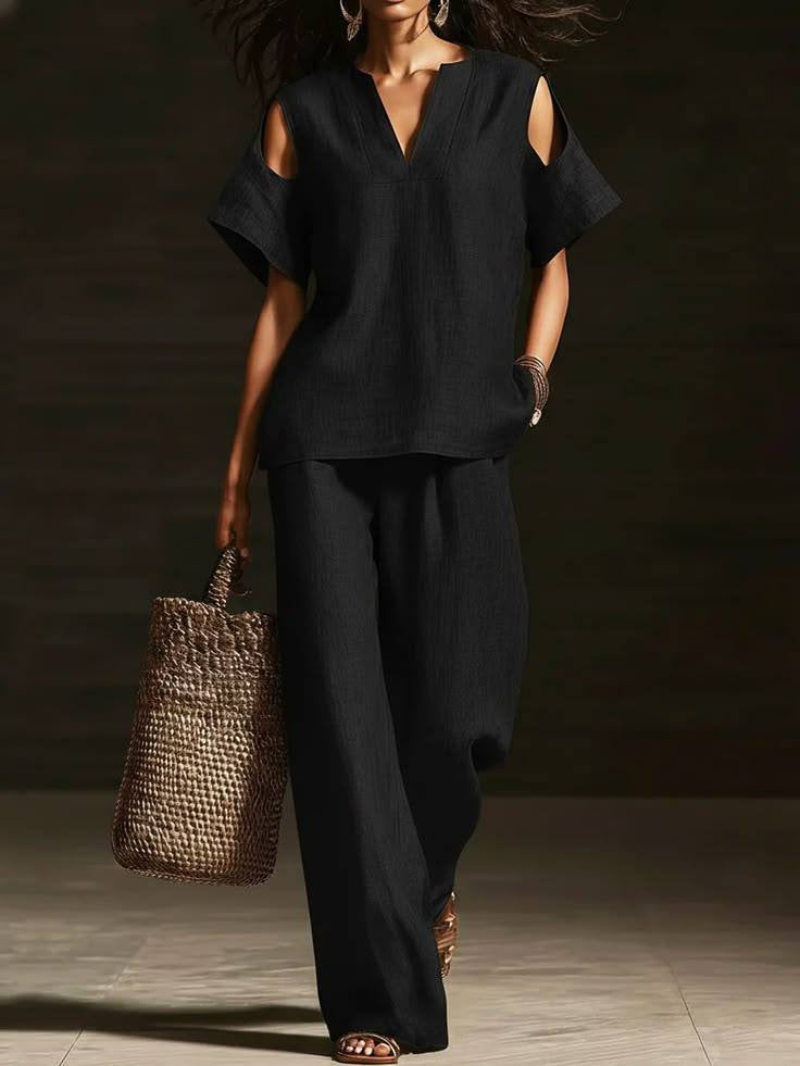 Womens Solid-Colored V-Neck Straight-Leg Pants Short-Sleeve Set With Ripped Details