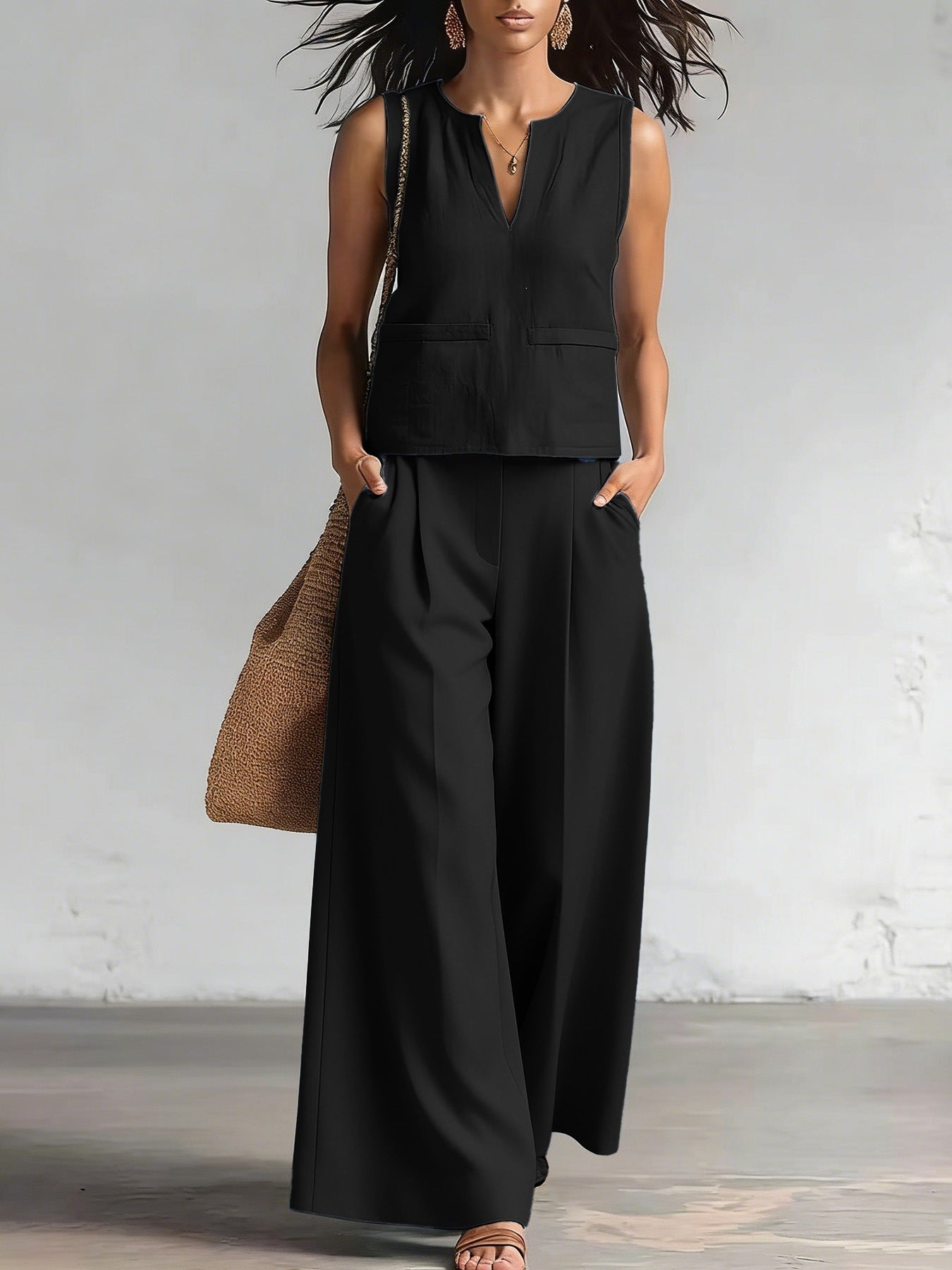 Solid-color Elegant Two-piece Set Crew-neck Vest And Wide-leg Pants