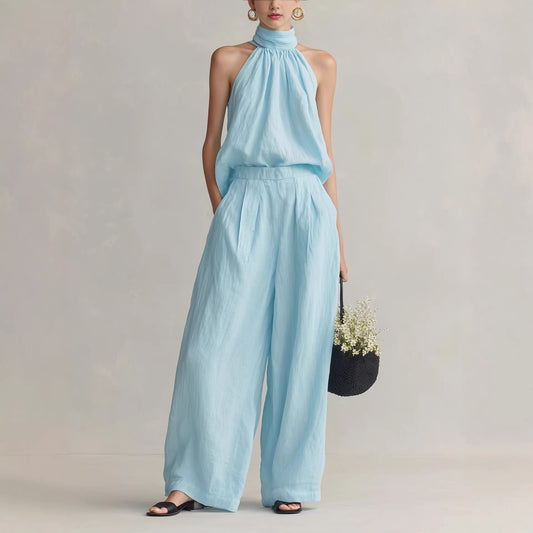 Womens Elegant Round-Neck Sleeveless Top And Pants Suit