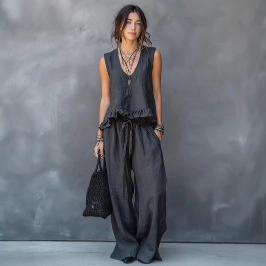 V-neck Sleeveless Ruffled Hem Dark Gray Casual Set