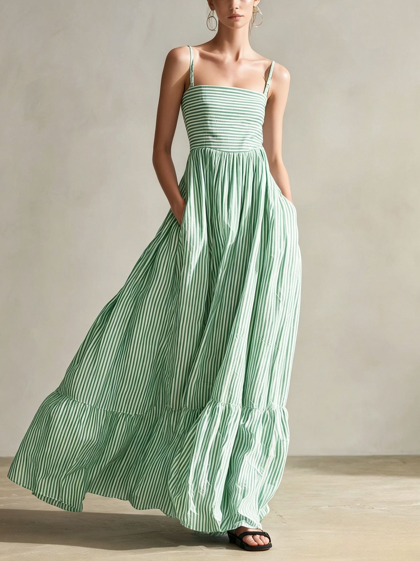 Striped Woven Sleeveless Long Dress With Thin Straps