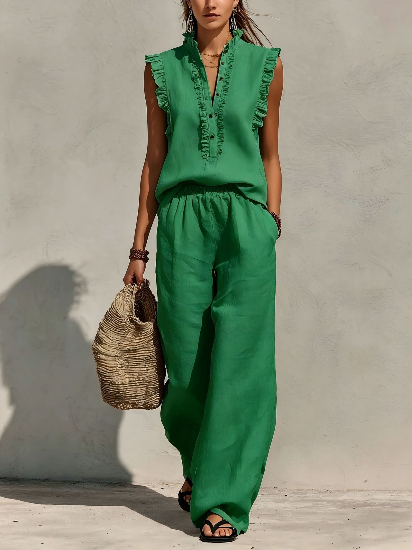 Sleeveless Ruffled V-neck Top And Elastic-waist Wide-leg Pants