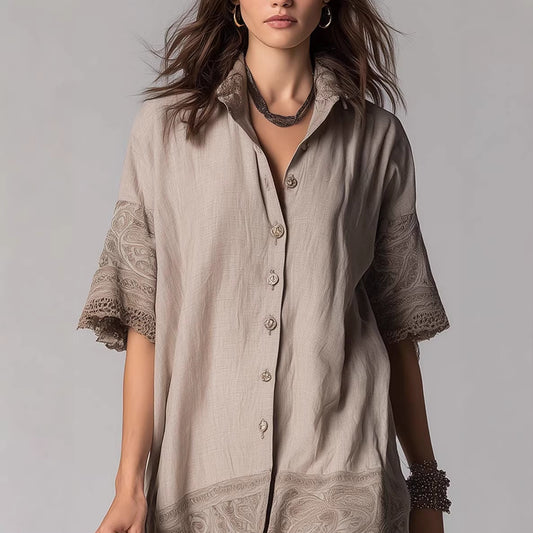 Womens Retro Cotton Heavy Embroidered Shirt With A Turn Down Collar And Single Breasted Button Closure