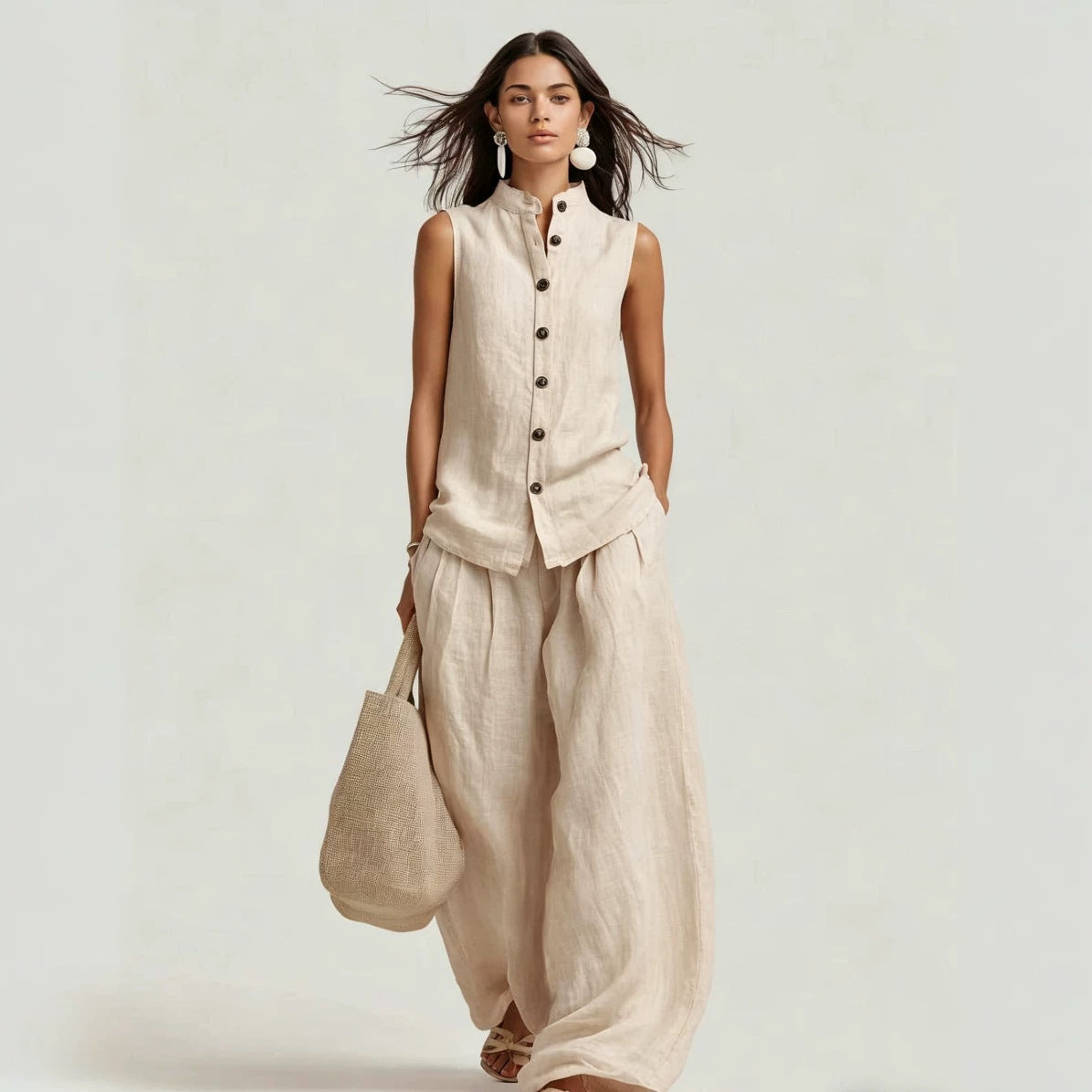 Stand-up Collar Sleeveless Shirt And High-waisted Wide-leg Pants Set