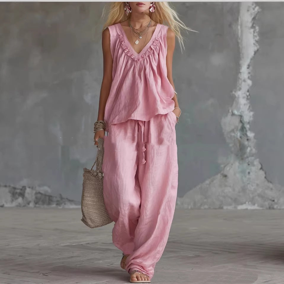 Casual Cotton Sleeveless Ruffle-Trim Top Set