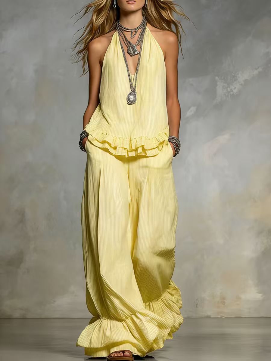 Women's Casual V-Neck Fashionable Ruffle Trim Set