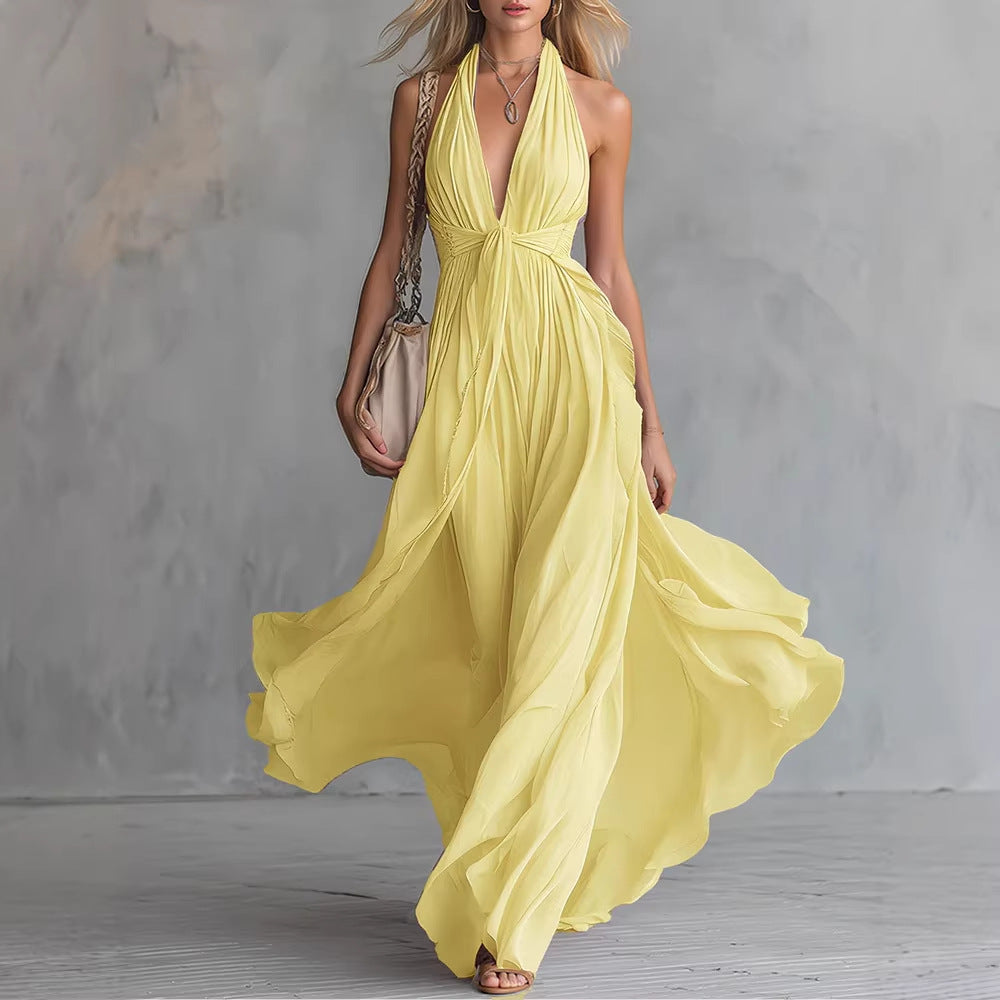 Solid-color V-neck Sleeveless Waist-cinching Dress
