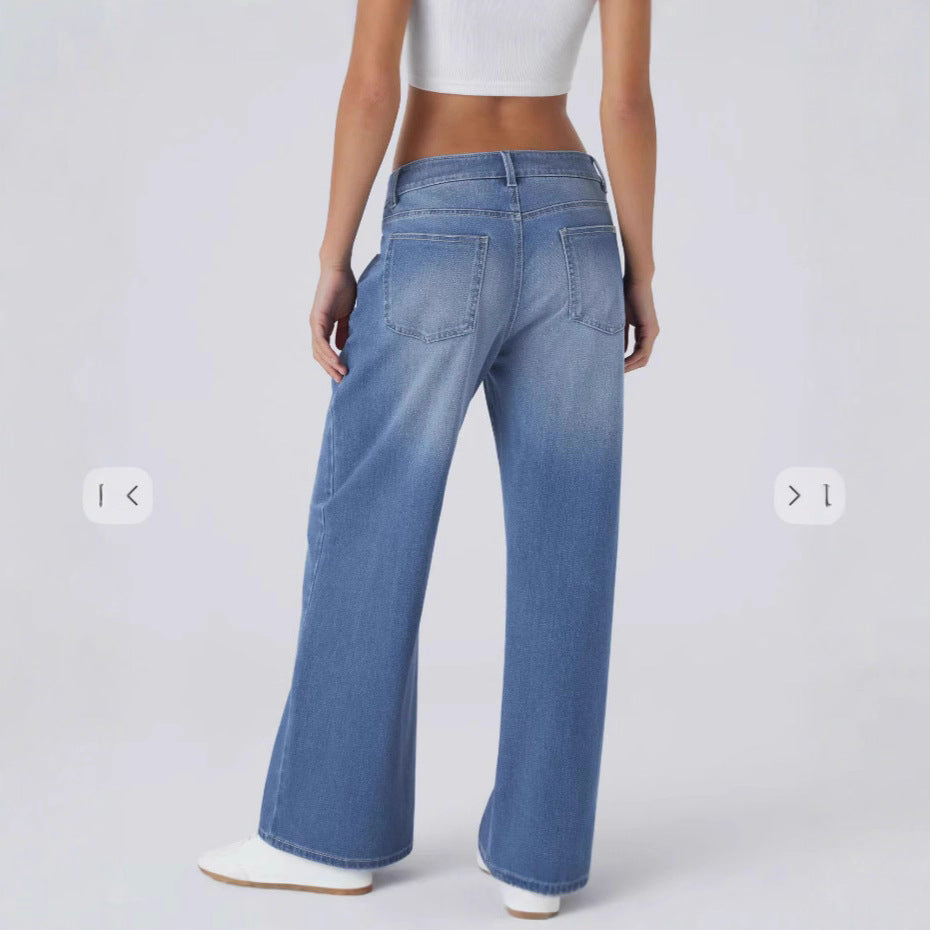 Women's Retro Washed Denim Wide-Leg Jeans With Multiple Textures