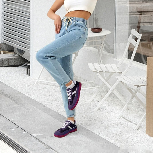 Casual All-Match Trousers Straight-Leg Pants Elastic Waist Womens Jeans