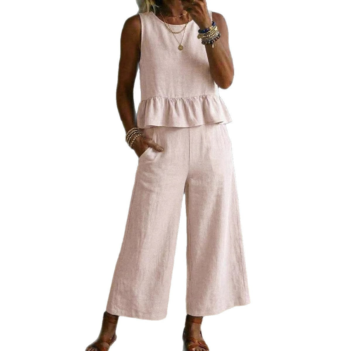 Womens Ruffled Hem Sleeveless Tank Top And Cropped Pants Cotton-Linen Set