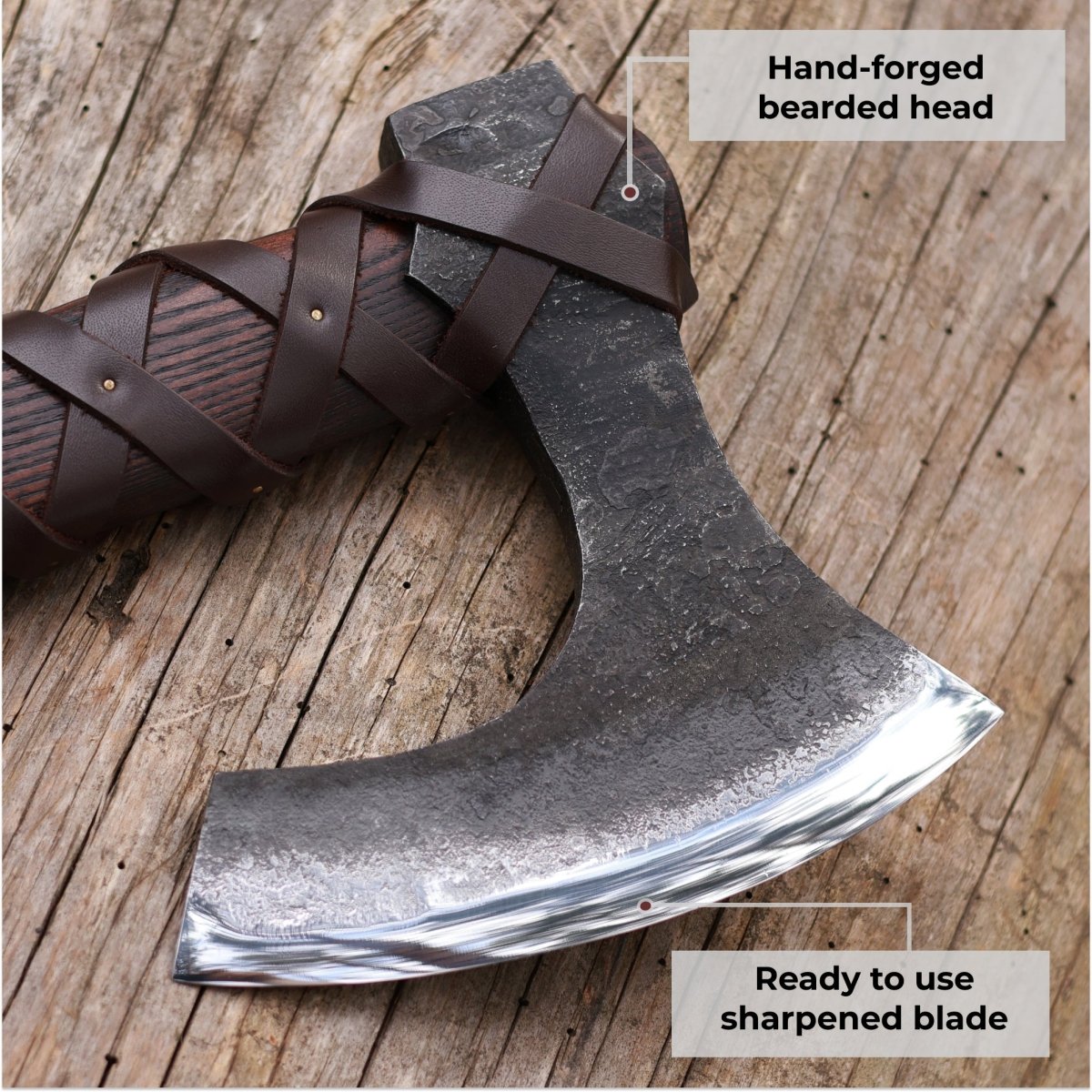Viking long axe "Ragnvald" with carving handle and leather wrap